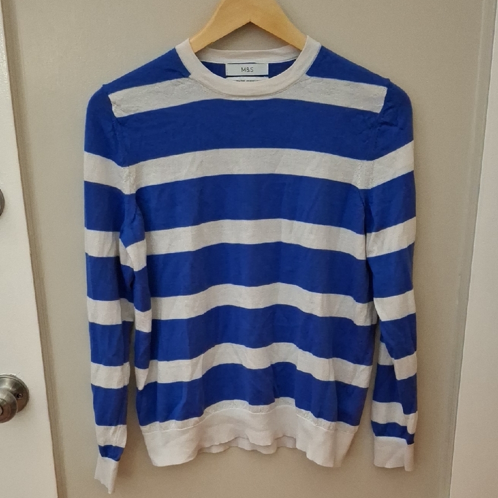 M&S Blue and White Merino Wool Striped Women's Sweater_1